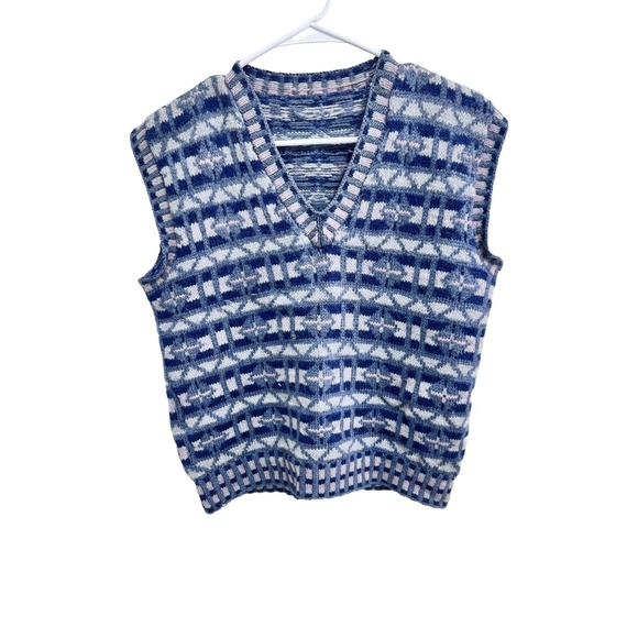 Large Multicolor Vneck Geometric Pattern Sleeveless Unisex Sweater Vest Vintage - Picture 2 of 7